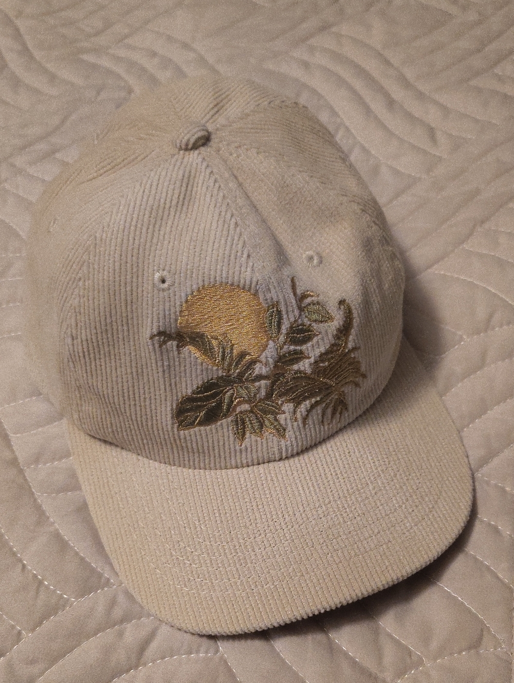 Embroidered Cream Corduroy Baseball Cap with Sun & Leaves Streetwear